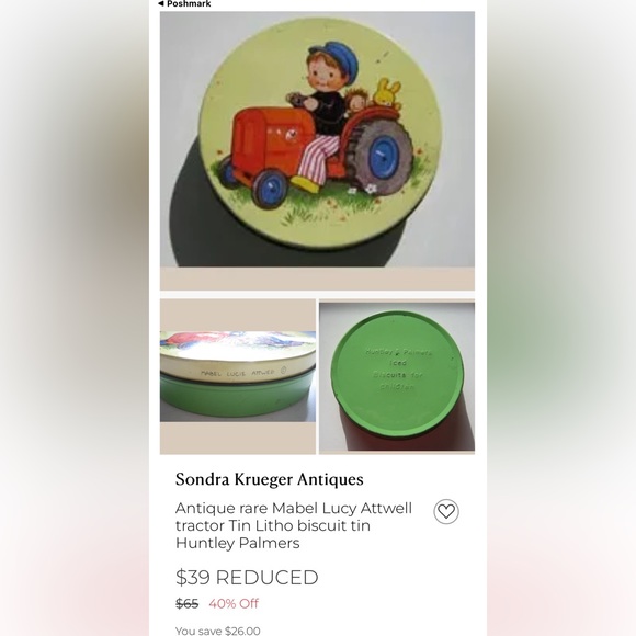 Mabel Lucie Attwell Tractor Biscuit Litho Tin Antique RARE find Huntley Palmers - Picture 7 of 7